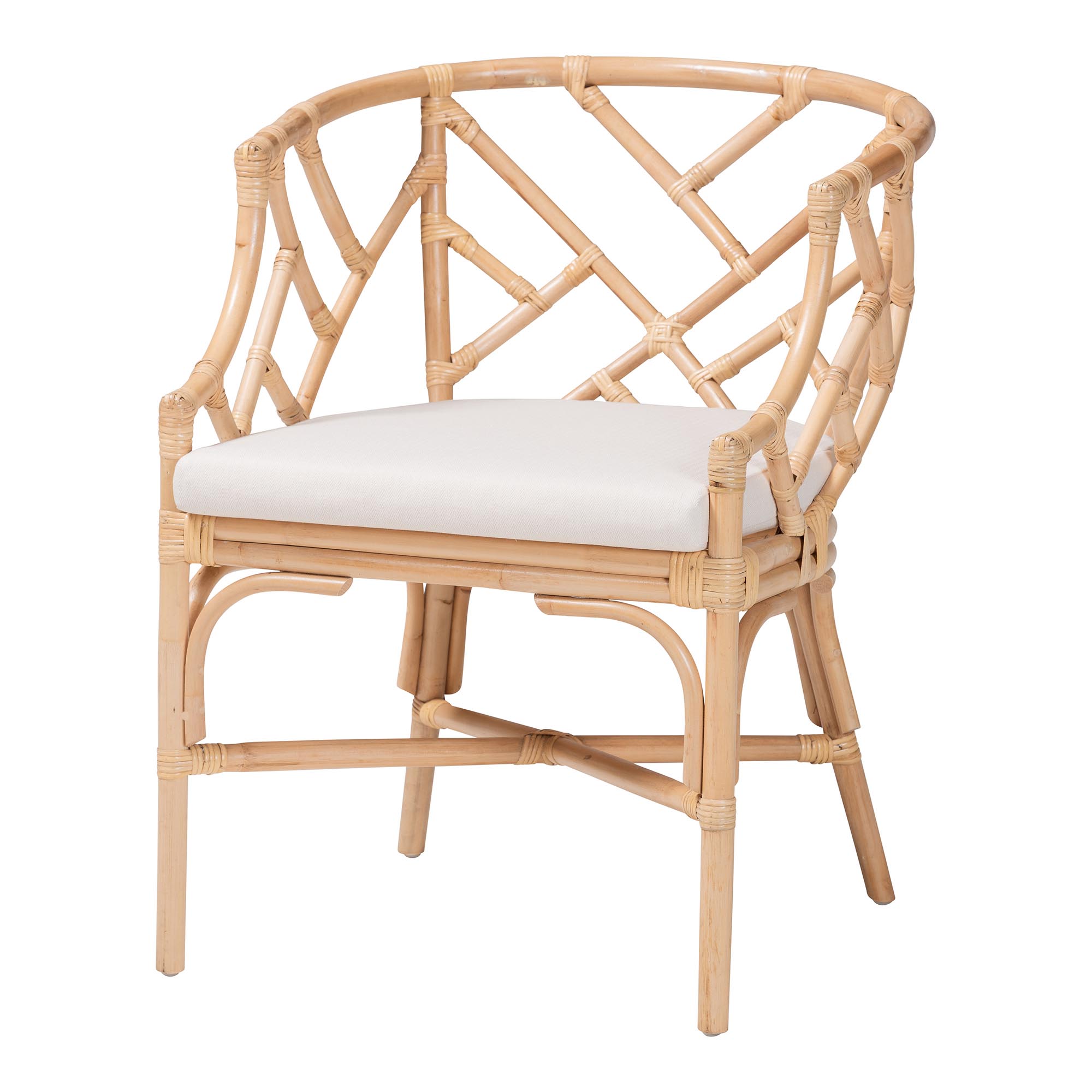 bali & pari Padma Natural Rattan Dining Chair - Handwoven Barrel Accent Chair with Bamboo-Style Frame and Lattice Detail for Boho, Coastal, or Tropical Dining or Lounge Area Affordable modern furniture in Chicago, classic dining room furniture, modern dining chairs, cheap dining chairs